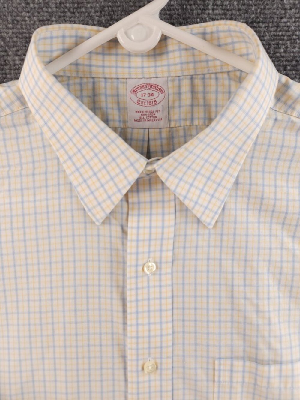 Brooks Brothers Blue Yellow Check Point Cotton Traditional Non-Iron 17 34 Men